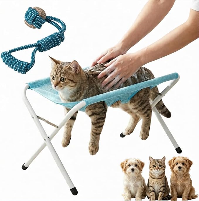 Foldable Pet Bathing Stand, Pet Cat Dog Grooming Hammock with Stand, Dog Nail Trimming Hammock for Bathing Nail Trimming Four Hole Design，Blue