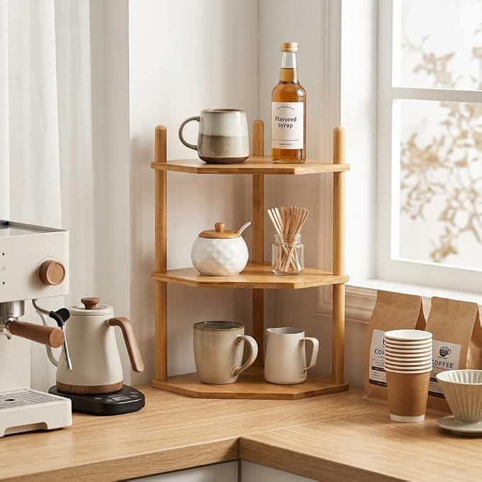 2Pc 3-Tier Bamboo Corner Shelf,Kitchen Countertop Organizer,Corner Countertop Organizer Shelf, Coffee Bar Organizer,Coffee Bar Accessories,for Kitchen, Pantry, Organizers and Storage