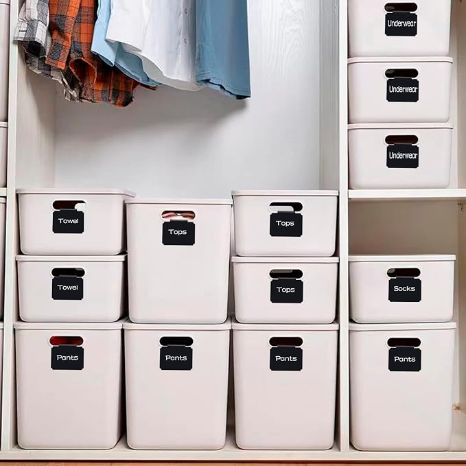 20 Basket Labels Clip On, Reusable Labels for Storage Bins, Removable Chalk Labels for Containers, Kitchen Closet Baskets and Storage Basket Holders with 2 White Chalk Markers