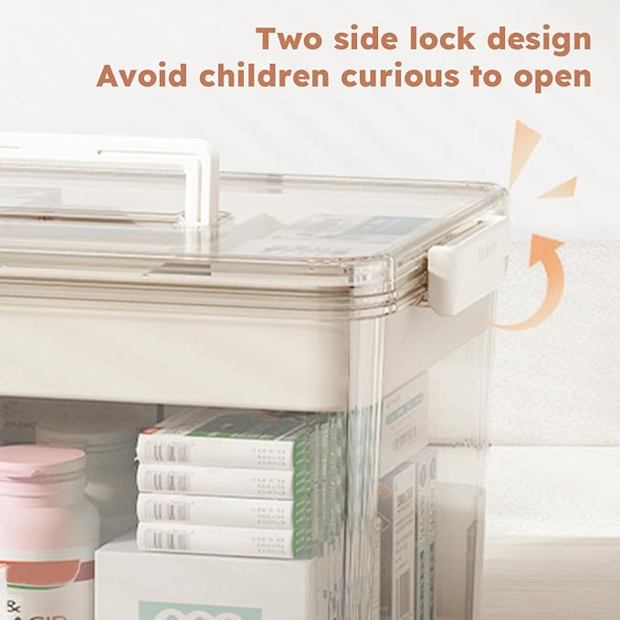 Clear Medicine Organizer Storage Box with Handle, Clear Plastic Medicine Storage Organizer and First Aid Box, Multipurpose Medication Organizer Storage for Home, Office and Travel