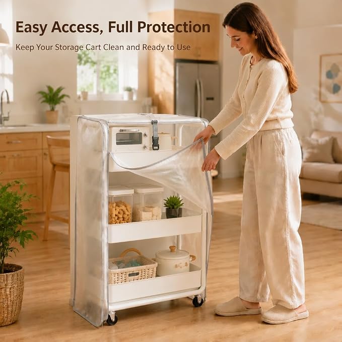Utility Cart Cover Heavy Duty Dustproof Fits 17x13x31in Supply Cart | Frosted semi-transparent PVC cover keeps cart contents visible yet neat, moisture, and daily home clutter buildup
