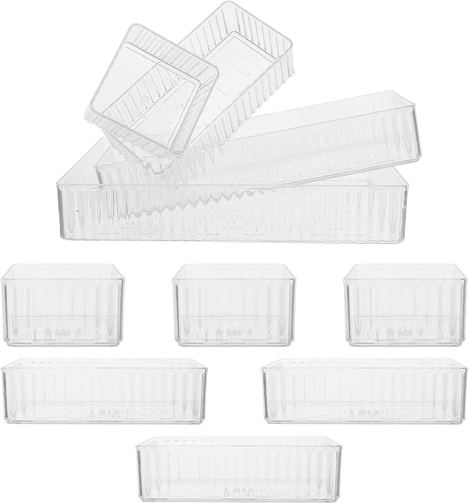 10pcs Pet Drawer Organizer Trays with Removable Dividers and Raised Edges, Stackable Multi-size Storage Bins for Vanity, Skincare, Jewelry, and Kitchen Drawer Organization