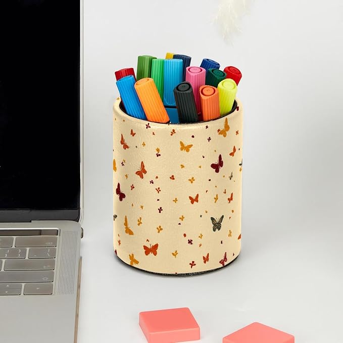 Faux Leather Pen Holder for Desk, Pencil Organizer Butterfly Pen Cup Desk Decor Makeup Brush Holder Storage for Office Home