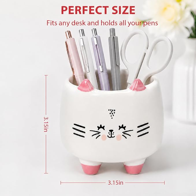 Ceramic Cat Shaped Pen Pencil Holder for Desk Decoration Accessories Cat Decor Makeup Brush Pen Cups Office School Ideal Gifts for Women, Mom or Birthdays