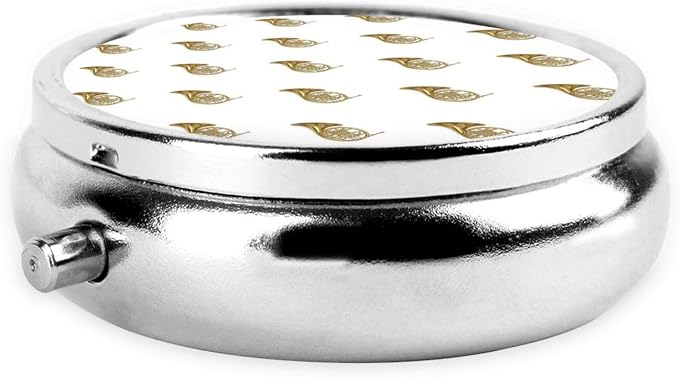 Round Medicine Organizer, French Horns Musical Instrument Portable Pill Box, Mini Case for Fish Oil, Travel Holder Purse Pocket for Men