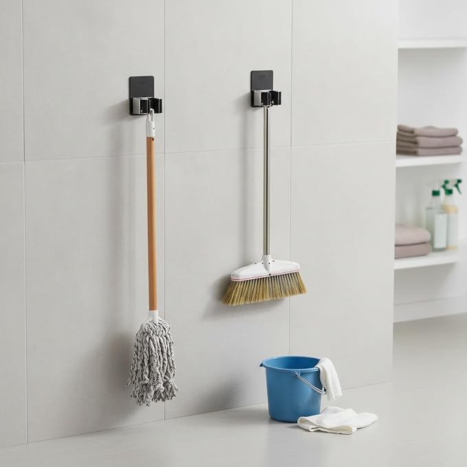 Stainless Steel Mop and Broom Holder Wall Mount, No-Drill Adhesive or Screw-In Hook for Bathroom, Laundry, Garage Organization (1 Pack)