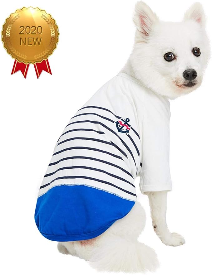 Blueberry Pet Soft & Comfy Summer Vacation Beach Cotton Dog T-Shirt in Blue Stripes, Sea Lover Shirt Tank Top Clothes, Back Length 18", for Large Dogs