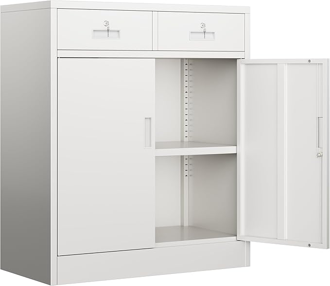 BESFUR Metal Garage Storage Cabinet with Two Lockable Drawers 2 Locking Doors and an Adjustable Shelf, 36" White Metal Short Storage Cabinet for Home Office, Garage,School,Utility Room