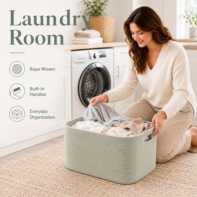 25.4GAL Collapsible Cotton Rope Extra Large Storage Basket For Bedroom Closet, Boho Rectangular Short Hamper Woven Storage Baskets for Living Room Throw Pillows Blankets Dirty Clothes, Sage Green