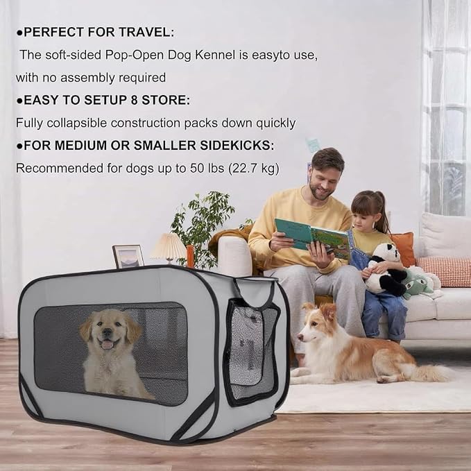 Foldable Dog Kennel for Medium Dogs 36-inch, Portable Waterproof Dog Crate, Pop-Up Indoor/Outdoor Pet Cage & Car Seat Travel Bed (Grey)