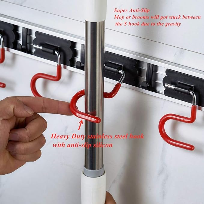 Wall Mounted Mop and Broom Holder Stainless Steel S Type Broom Rack Anti-Slip Mop Organizer (17 Inches,4 Positions 3 Hooks, Red black) (17inch)