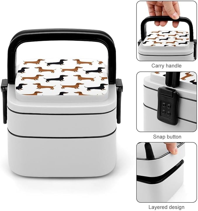 Dachshund Weiner Pet Dogs Double Layer Bento Box, 1000ml Stackable Leakproof Lunch Container with Spoon, Portable 2-Tier Food Storage Box for Office Work Picnic Camping and Travel