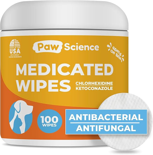 Paw Science Antibacterial & Antifungal Medicated Wipes for Dogs and Cats – 100 Count - Chlorhexidine Wipes with Ketoconazole for the Treatment of Rashes, Skin Infections, Itchy Paws, and Pet Acne