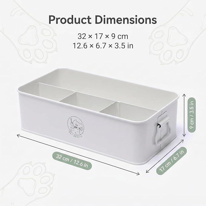 Dog Grooming Organizer Caddy, 4-Compartment Metal Pet Grooming Supplies Storage Bin with Handles, Pet Stuff Holder for Brushes, Clippers, Scissors, Combs, Cat Dog Grooming Kit-White