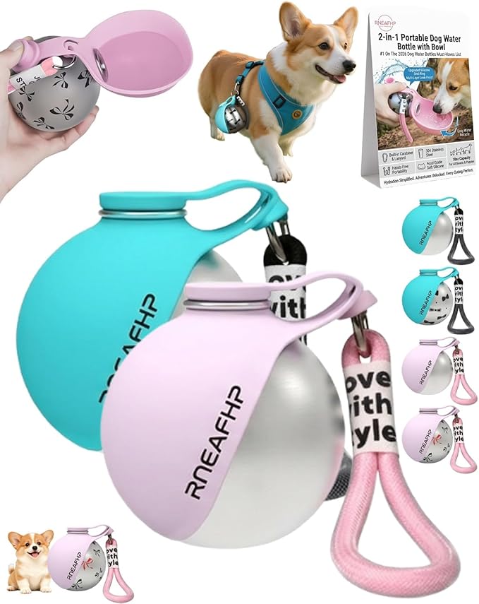 Dog Water Bottle with Bowl 2-in-1 Portable Leak Proof 10 OZ Puppy Travel Drink Dispenser for Large Medium Small Breeds Stainless Steel Hydration Tumbler Buddy Cup for Dogs Pets Outdoor(2MIX A)