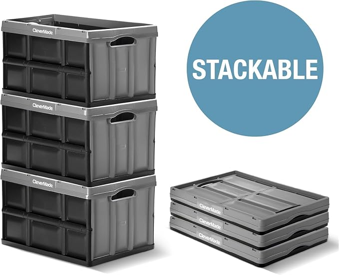 CleverMade Collapsible Storage Bins, 46L, 3 Pack Foldable Storage, Ocean | Carry Groceries, Tools, and Gear Without Bulky Totes | Each Bin Holds 75 lb, Stacks Securely, and Folds to 2.75 Inches