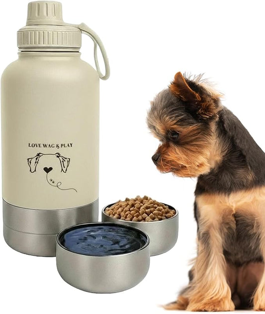 Love Wag & Play Dog Water Bottle with Food Bowls, Portable Stainless Steel Bottle for Dogs, Leakproof Travel Design with Detachable Bowls for Walks, Hikes and Outdoor Adventures (32 oz)