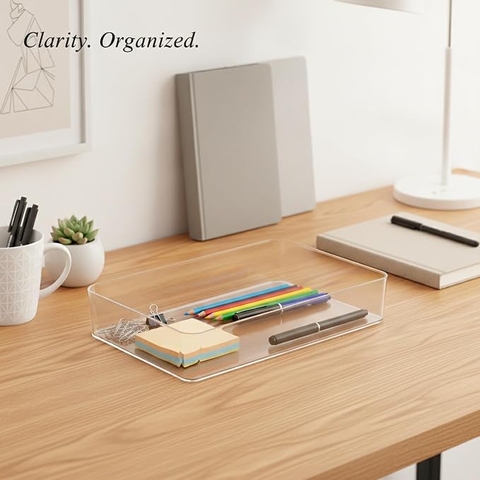 Durable PET Plastic Desktop Organizer, Transparent Storage Bin for Office Desk and Drawer Organization