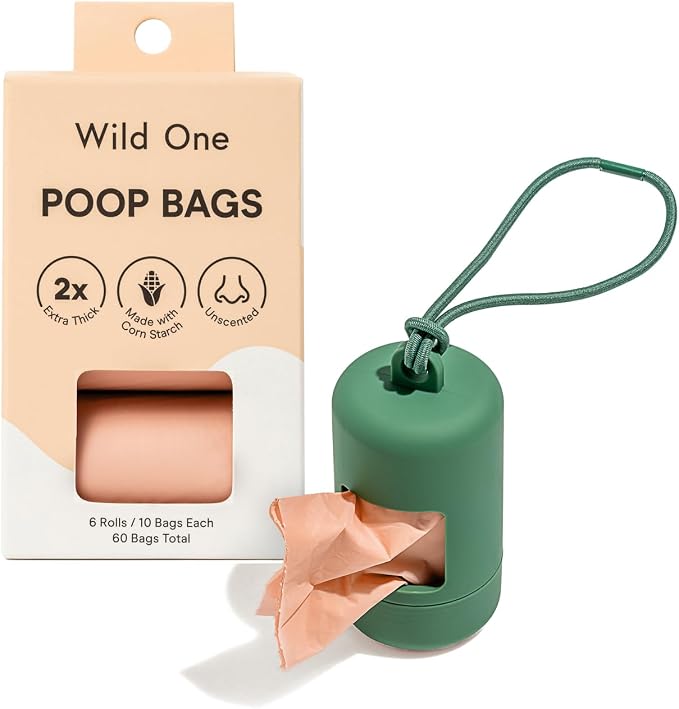 Wild One Dog Poop Bag Holder and Dispenser with Leash Attachment, Leak Proof, Easy Twist Top for Refills, Includes 1 Box Of Bags, Spruce