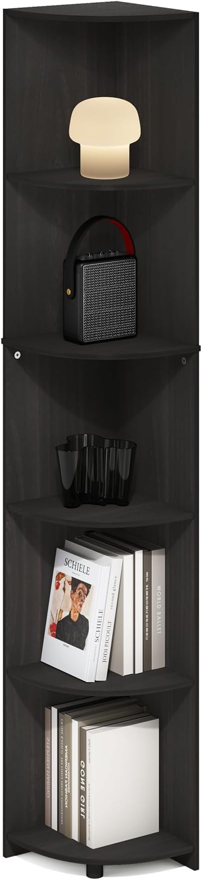 Furinno ECON Corner Shelf, 5-Tier Corner Book Shelf, Storage Shelves, Display Rack, Bookshelf, for Organization and Storage, Living Room, Home Office, Espresso