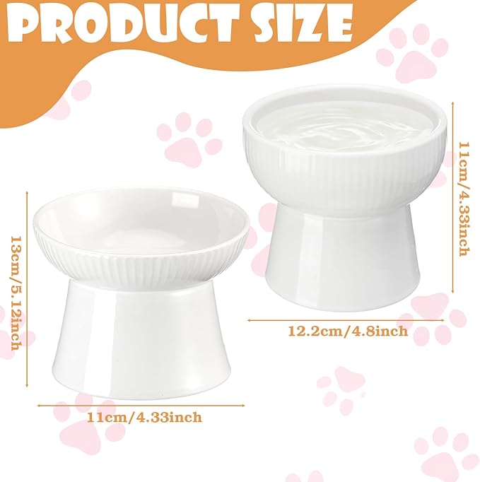 2 Pcs Cat Elevated Ceramic Bowls Raised Cat Food and Water Dishes, High Edge, Anti Vomiting Cats Feeder Bowl for Pets Kitten Puppies Dry Wet Food and Water, Dishwasher Safe