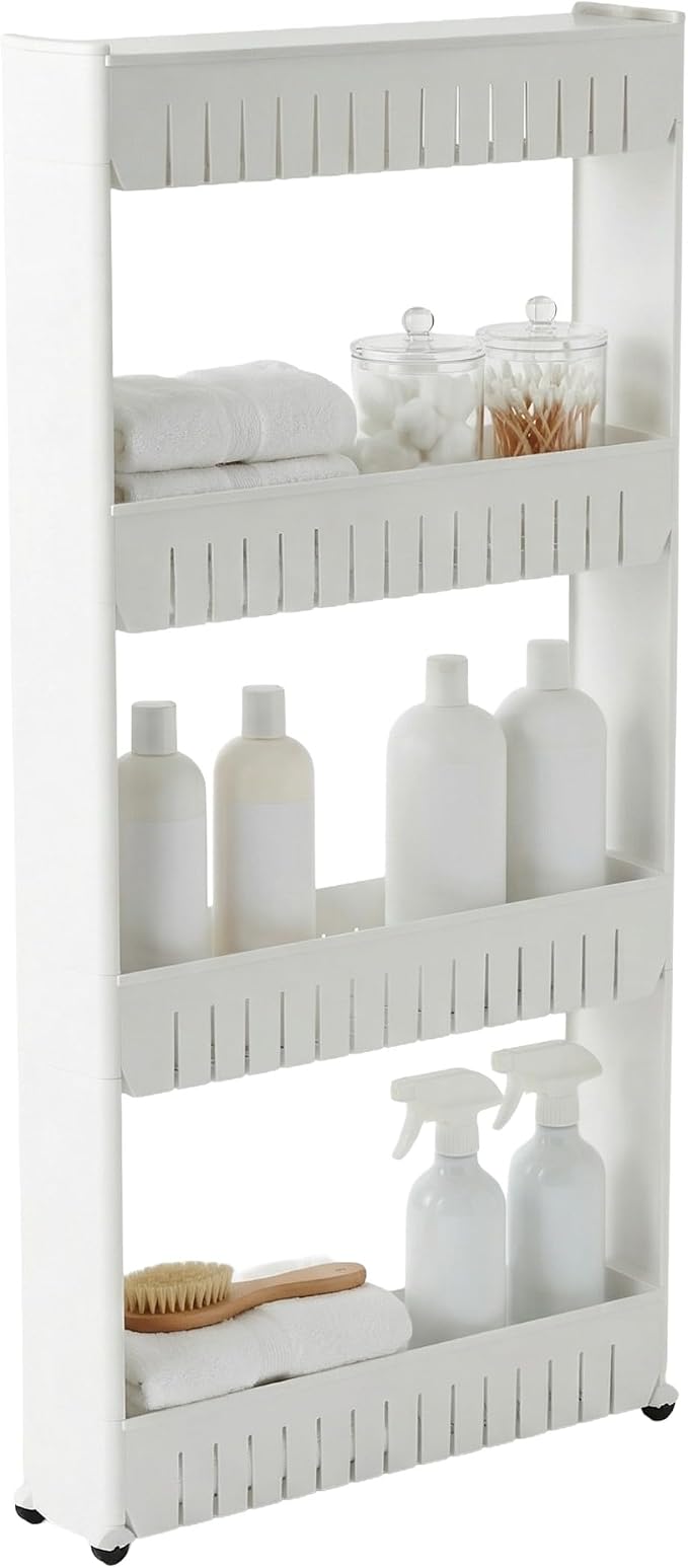 Lavish Home 4-Tier Storage Organizer Rack, White, 21.5” x 5” x 40” | Plastic Rolling Cart for Office, Dorm, Bedroom, Bathroom, and Laundry Room Organizing