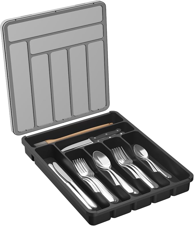 Lifewit Silverware Organizer with Lid, Covered Utensil Tray, 11.3x14.4 | Plastic Cutlery Storage Box for Kitchen Drawer and Countertop, Flatware Case Holder for Spoons Forks Knives, Black