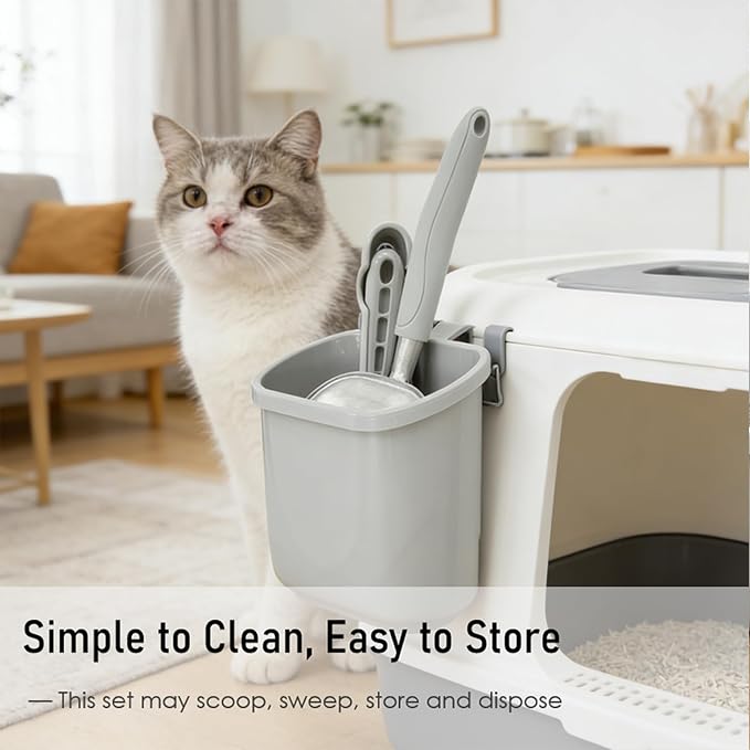4-in-1 Cat Litter Scoop with Holder, Cat Litter Box Organizer Cleanup Kit - Portable Small Broom and Dustpan Set, Metal Kitty Litter Scooper and Storage Caddy (Gray)