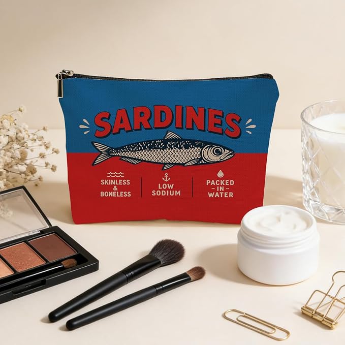 JIUWEIHU Funny Sardines Gifts Makeup Bag Vintage Sardines Cosmetic Bag | Ocean Beach Travel Toiletry Bags Fish Makeup Pouch Christmas Birthday Gifts for Women Mom Girls Sisters Friends Fish Lovers
