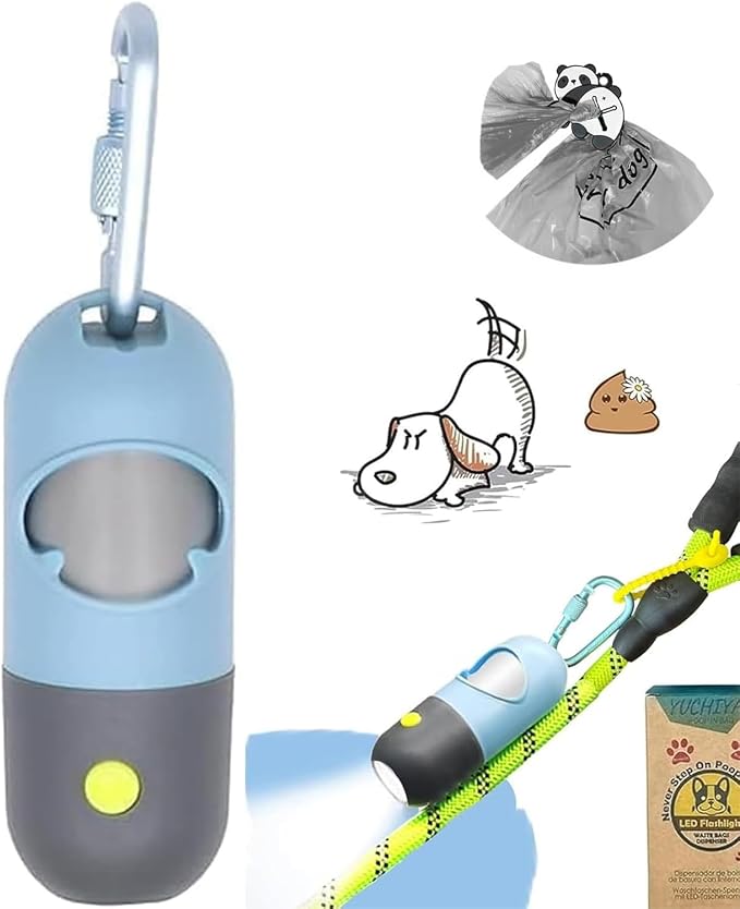 YUCHIYA Dog Poop Bag Holder Dispenser with LED Flashlight(Blue) | 100ft Ultra-Bright LED|Glow-in-the-Dark Avacado Clip|Metal Carabiner&Silicone Tether|15 Leak-Proof Scented Waste Bags
