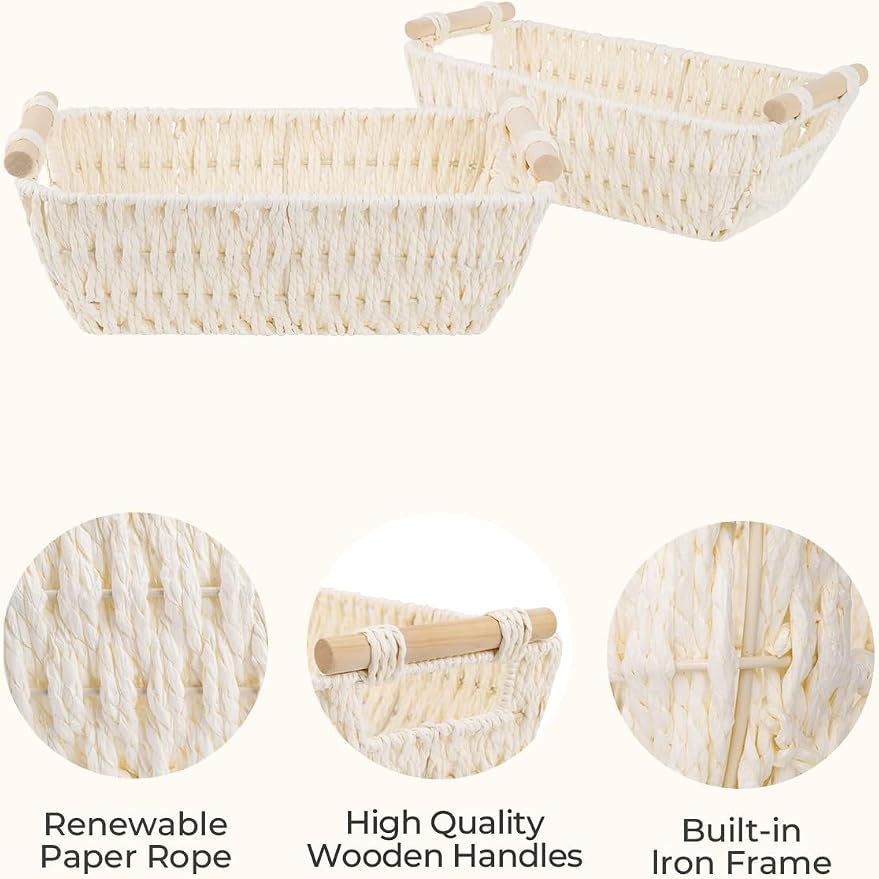 StorageWorks Small Storage Basket, Woven Basket for Shelves, Beige | Wicker Storage Baskets for Shelves, Baskets with Wooden Handles, 2-Pack Gifts Basket for Home Decor, Hand-Woven Basket