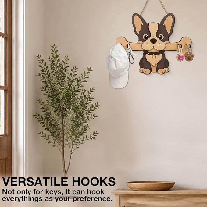 Dog Leash Holder for Wall, Cute Key Holder Wall Mount with 4 Keys Hooks, Dog Wooden Key Hooks for Collars, Entryway Garage Living Room Kitchen Mudroom
