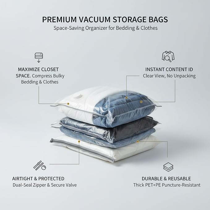 Vacuum Storage Bags for Clothes and Bedding, Clear Space Saver Bags with Valve, Reusable Compression Organizer (1 Pack)