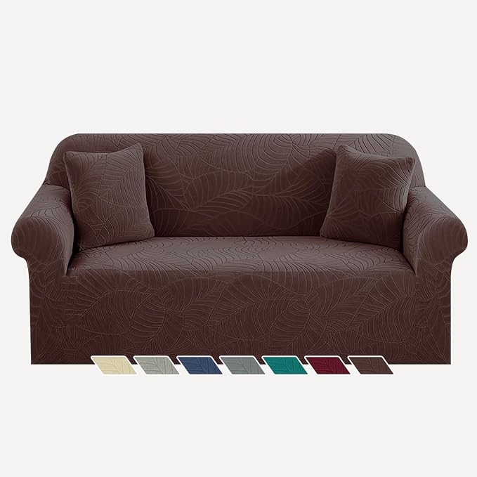 YEMYHOM Couch Cover Latest Jacquard Design High Stretch Sofa Covers for 2 Cushion Couch, Pet Dog Cat Proof Loveseat Slipcover Non Slip Elastic Furniture Protector (Medium, Begonia Leaf Coffee)