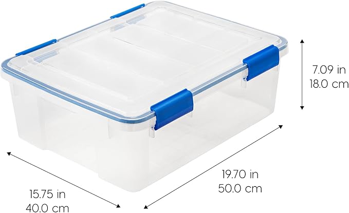IRIS USA 3-Pack 26.5 Qt Storage Bins with Gasket Lids, Clear/Blue | WeatherPro seal protects everyday essentials in closets, offices and laundry rooms