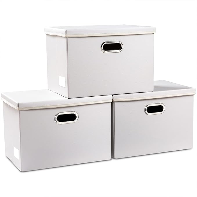Large Stackable Storage Bins with Lids [3-Pack] Leather Fabric Foldable Storage Boxes Organizer Containers Baskets Cube with Cover for Bedroom Closet Office Nursery White (17.7x11.8x11.8)