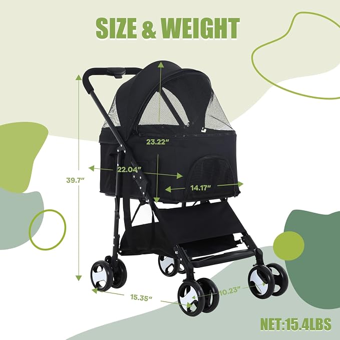Dog Stroller 3-in-1 Folding Dog Stroller for Medium Small Dogs Pet Stroller Cat Stroller 4 Wheels with Detachable Carrier Storage Basket Waterproof Lightweight for Travel,Black