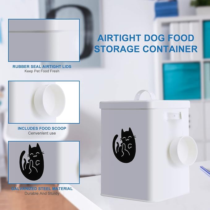 ZWMBYN Dog and Cat Food Storage Container 6L, Cute Pet Food Storage Containers with Lids Airtight, Metal Cat Food Bin with Measuring Cup, Cat Food Can Covers Lids and Spoons, Cat Mouse Toys, White