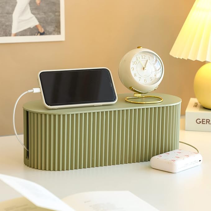 FABROK Cable Management Box, Power Strip Holder, Large, Green | Desk Cord Organizer, Charger Storage Basket, Surge Protector Cover, Floor TV Computer Wires Hider, For Home, Office