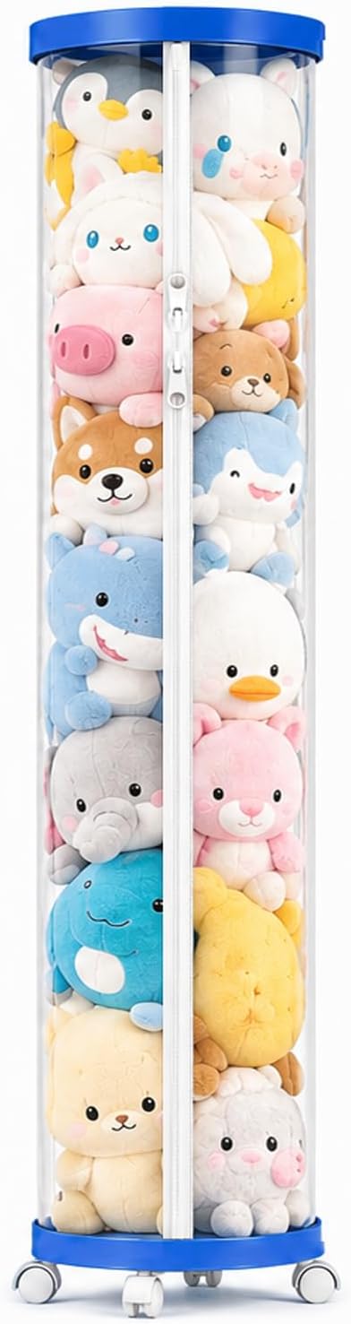 rge Stuffed Animal Storage Tube with Wheels, Tall Toy Organizer with Double Zipper, WhiteClear PET Cylinder Container for Plush Toy Organization, Space Saving Kids Room Storage,Blue