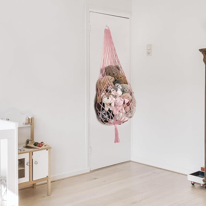 Amdermi Stuffed Animal Hammock Corner Hanging Net for Stuff Animal Storage Macrame Plush Toy Holder-Perfect for Tiny Space Walls-Kid Bedroom Decor Nursery Playroom Organizer (Light Pink XL)