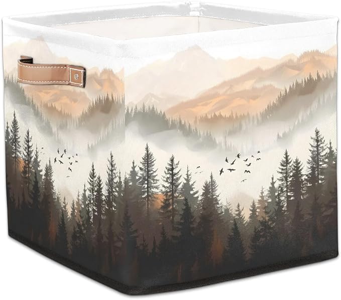 Forest with Mountain Cube Storage Bin, 13 Inch Collapsible Fabric Storage Cubes Bin, Foldable Cube Baskets for Shelf, Closet, Organizer