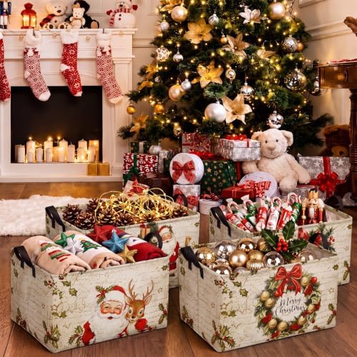 Chunful 4 Pack Christmas Storage Baskets for Gifts Collapsible Christmas Santa Claus Reindeer Retro Farmhouse Laundry Storage Bins Foldable Box with Handles for Home Bedroom Office Clothes Containers