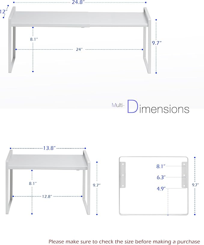 Nxconsu Cabinet Shelf Riser, Adjustable Cabinet Organizer, 12" Deep White | Heavy-Duty Metal Expandable Shelf Holds 50 lb with 3 Height Levels for Kitchen Cabinet Cupboard Pantry Dish Mug