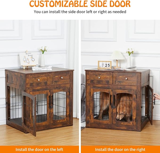 Dog Crate Furniture with Drawers, Wooden Dog Kennel Furniture for Large Breed,End Table Wood Dog House for Indoor Use,Dog Crate for Small/Medium/Large Dog