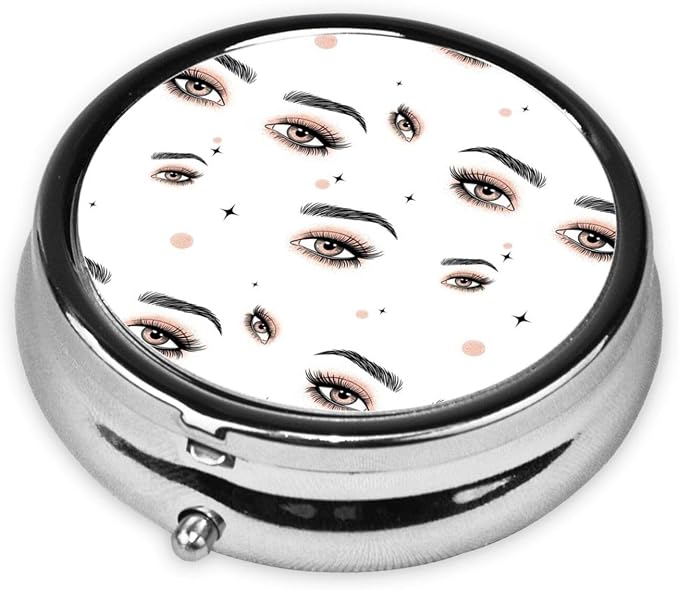 Round Pill Holder, Waterproof Organizer Case, Compact Travel Pill Box for Vitamins, Pocket Purse Use for Seniors, Gold Glitter Eyeshadow Beautiful Eyes Eyelash Black Lashes