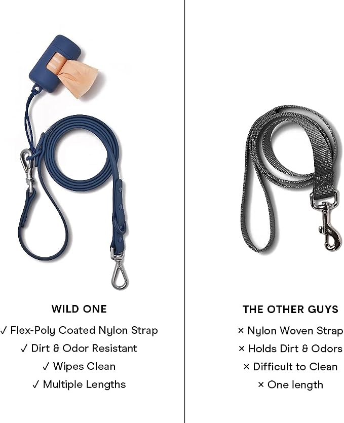 Wild One Nylon Adjustable Length Leash 5.5 Feet and Poop Bag Carrier Set, Waterproof, Odor Resistant, Blue