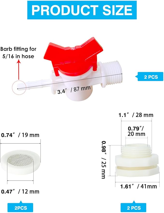 OCQOTAT 2pcs Rabbit Watering System Bucket Connector Kit-Includes Bulkhead Fitting, Barb Ball Valve，mesh Filter Washer for ID 5/16" Hose, Poultry Watering Equipment, Animal Water Dispenser