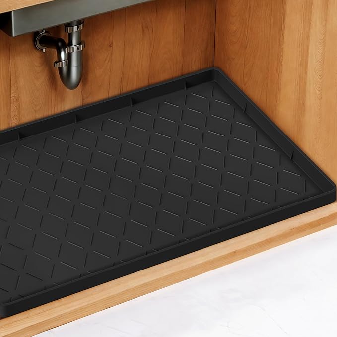 Mateeylife Under Sink Mat Kitchen Waterproof，Silicone Sink Tray 28"X19" | Under Sink Organizer Cabinet Shelf Protective Liner, Multi-use Silicone Mat for Boot Tray & Litter Mat, Black