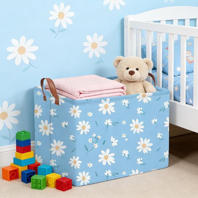 Rectangular Daisy Storage Basket,Kids Laundry Hamper,Waterproof foldable kids laundry basket,Blue Baskets,Books Box,Flower room decor(Daisy)